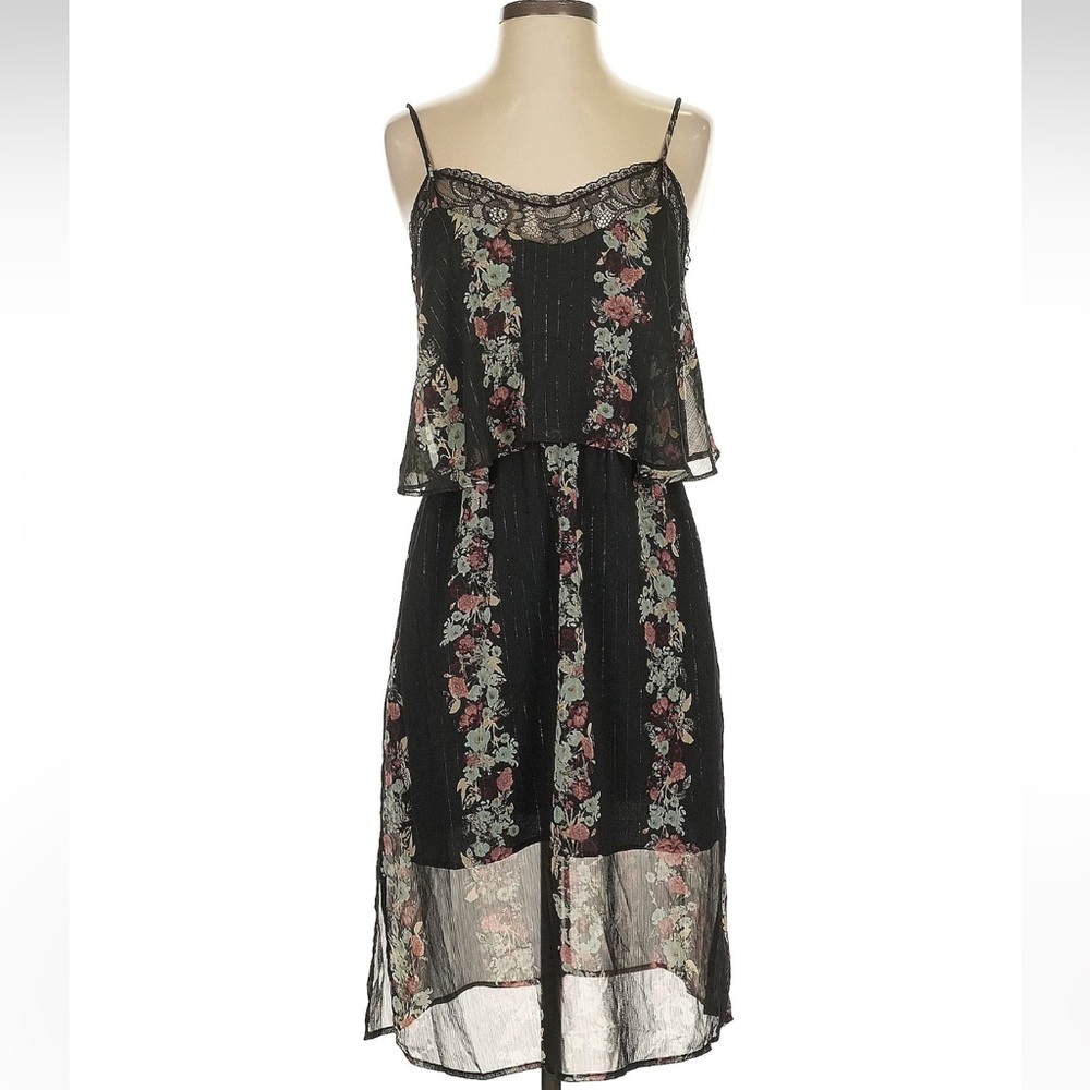 BCBGeneration Small Black Floral Lined Midi Dress Sheer Sleeveless Flowy Layered